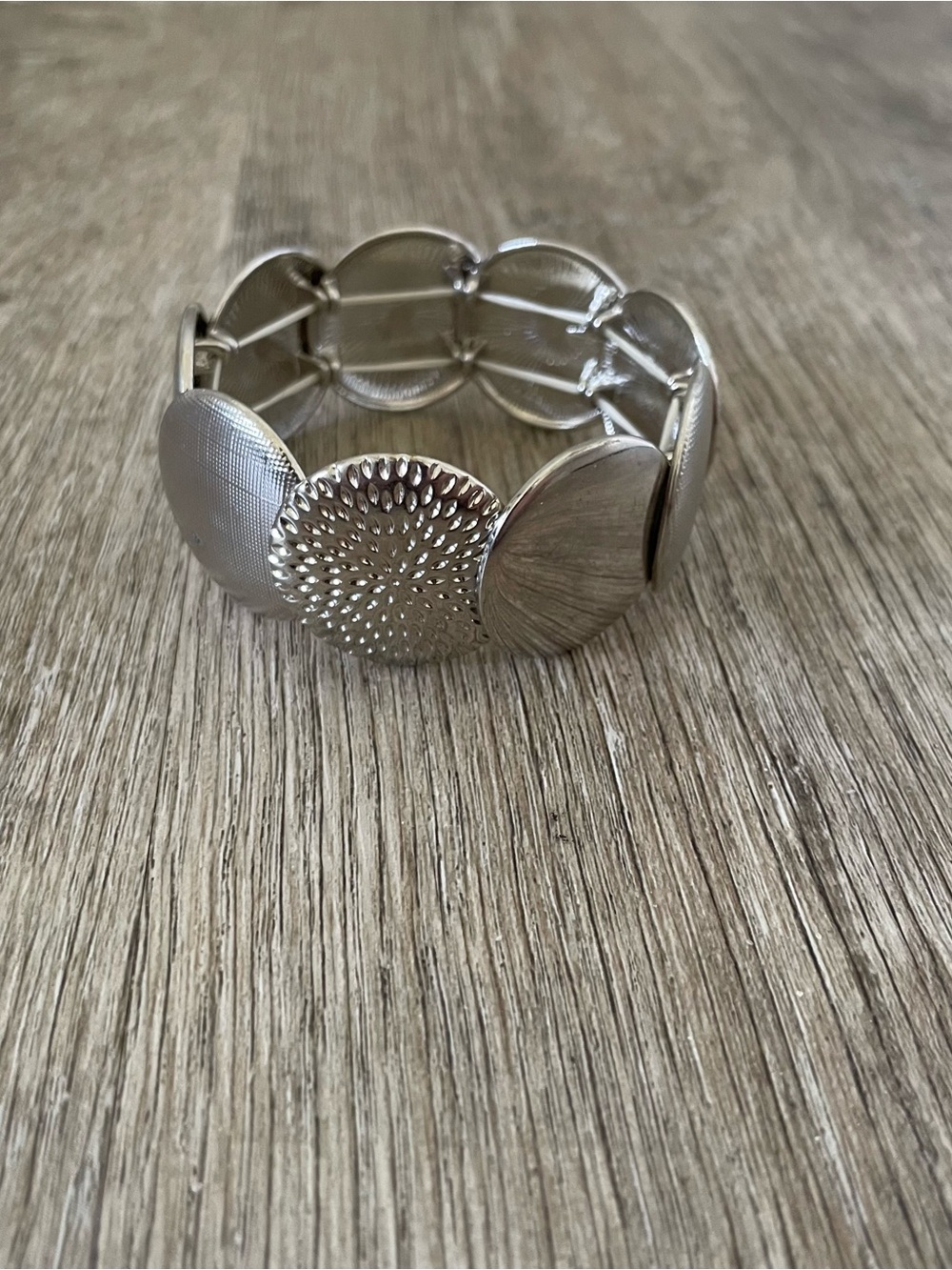 Silver Tone Statement Stretch Bracelet Textured Geometric Disc Link Boho Jewelry